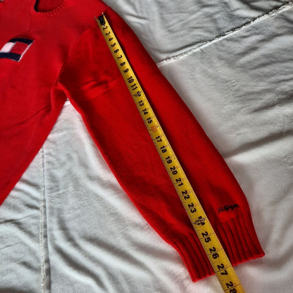 Tommy Hilfiger Chunky Red Sweater Flag Logo Mens Size Large Retro 90s - Picture 9 of 14